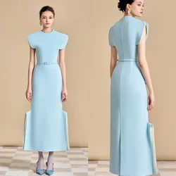 Customized Sizes Available Simple Jersey Pleat Straight Scoop Neck Midi Dresses Prom Dresses Classic Exquisite Elegant Fashion F