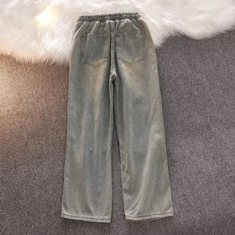 Spring Autumn New Fashion Elastic Waist Drawstring Tie Dye Jeans Men's Clothing Korean Vintage Pocket Trend Chic Straight Pants