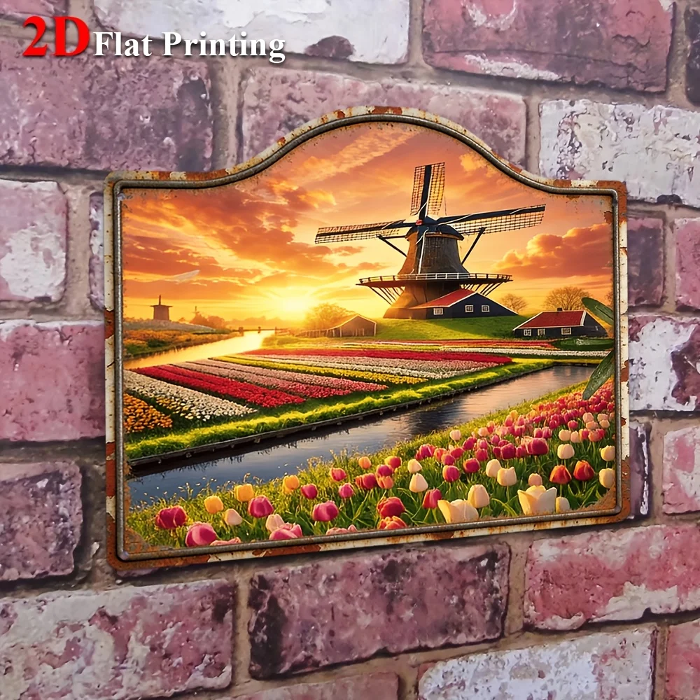 1pc 2D Flat Sign Artwork Depicting A Colorful Windmill And Tulip Field Scene, Ideal For Decorating Your Living Room, Bedroom