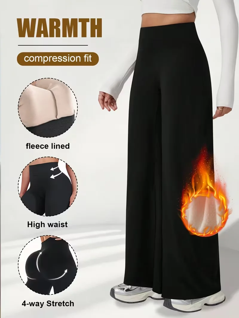 Plush Wide Leg Trousers Warm Winter High Waisted Straight Pants Outdoor Skiing Jogging Or Exercise Winter Women's Pants & Capris