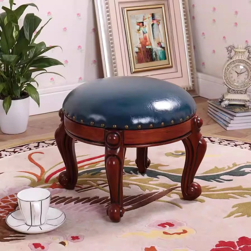 

Round Ottoman Stool,solid Wood Upholstered Footrest Shoe Stool for Living Room Entryway BedroomAmerican European Style Footstool