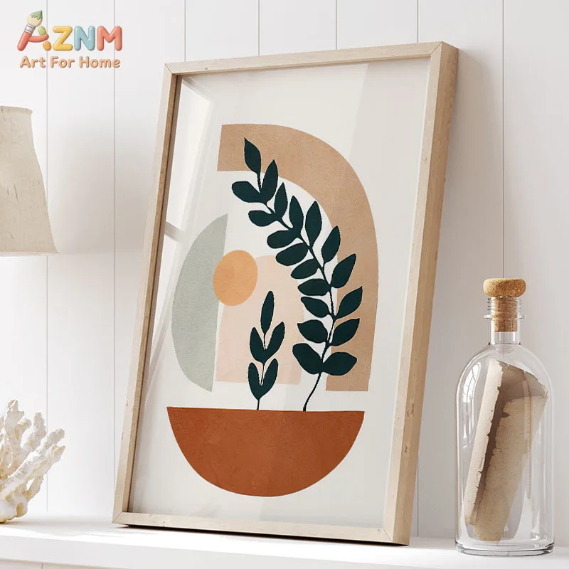 AZNM Terracotta Boho Canvas Print Abstract Tropical Leaf One Line Couple Face Neutral Geometric Shapes Minimalist Wall Poster Un