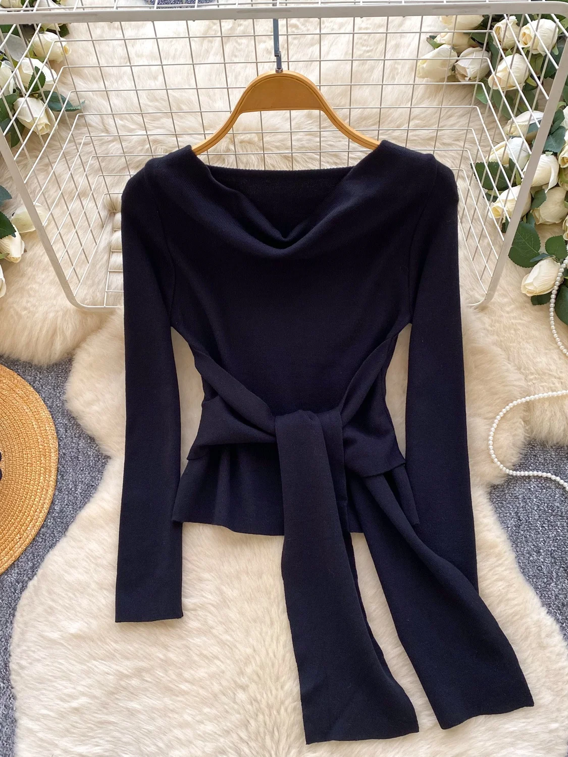 Ele T-shirt lunga slim fit dal design coreano da donna Autunno con cintura in vita che dimagrisce Top versatile