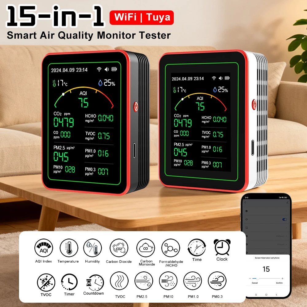 15-in-1 WiFi 스마트 공기질 모니터 테스터 CO/CO2/HCHO/TVOC/PM0.3/PM1.0/PM2.5/PM10/온도/습도 앱 제어 감지기