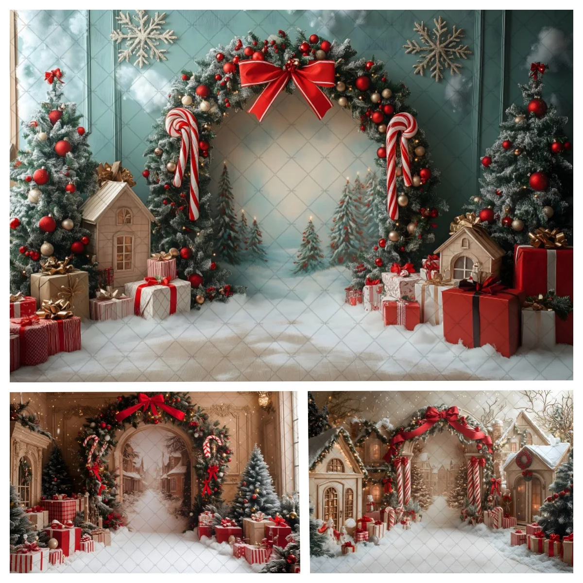 

Winter Christmas Photography Background Arch Door Xmas Tree Chic Wall Gift Indoor Decor Banner Kids Portrait Photocall Backdrops