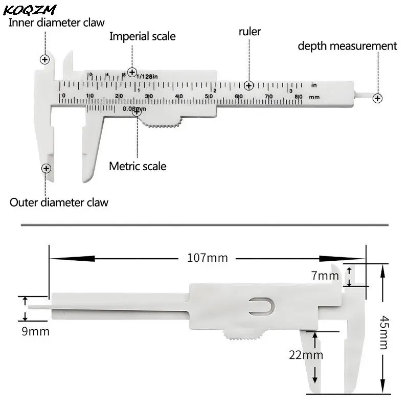 Medição plástica portátil de sobrancelha Vernier Caliper, Régua, Ferramentas de Medição Permanente, Dupla Escala, Novo, 80mm, 2022