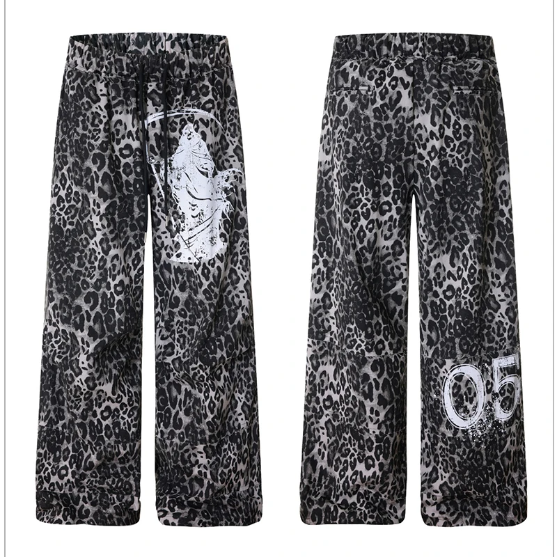 LUZHEN Tie-dyed Design Leopard Print Drawstring Elastic Waist Straight Casual Trousers Men 2025 New Baggy Wide Leg Pants JY4956
