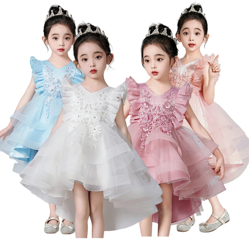 

Summer Kids Flower Girls Asymmetrical Organza Dress White Birthday Ceremonies Wedding Party Junior Bridesmaid Gown Size 4-14