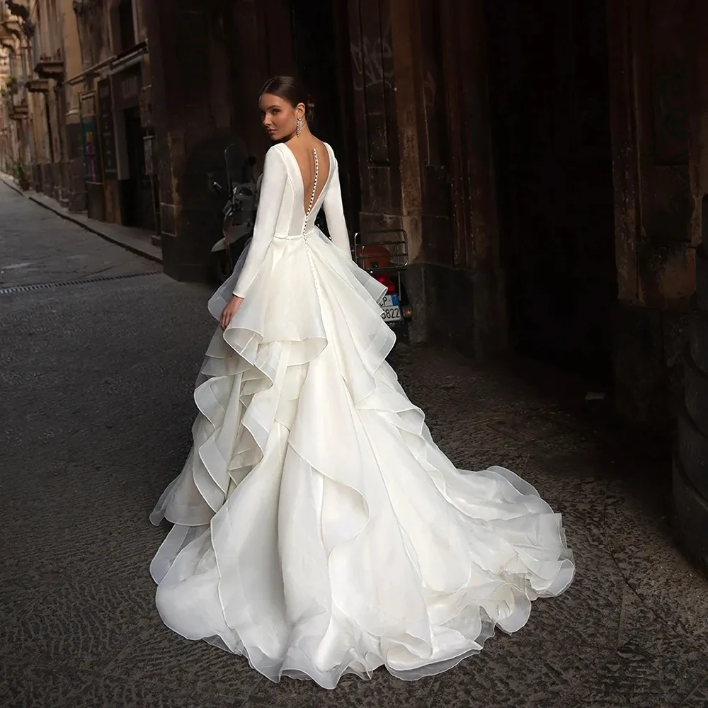 Preciosos Vestidos De Novia 2024, batas modernas con espalda descubierta y cuello en V, Vestidos plisados escalonados De manga larga, Vestidos De Novia De lujo personalizados