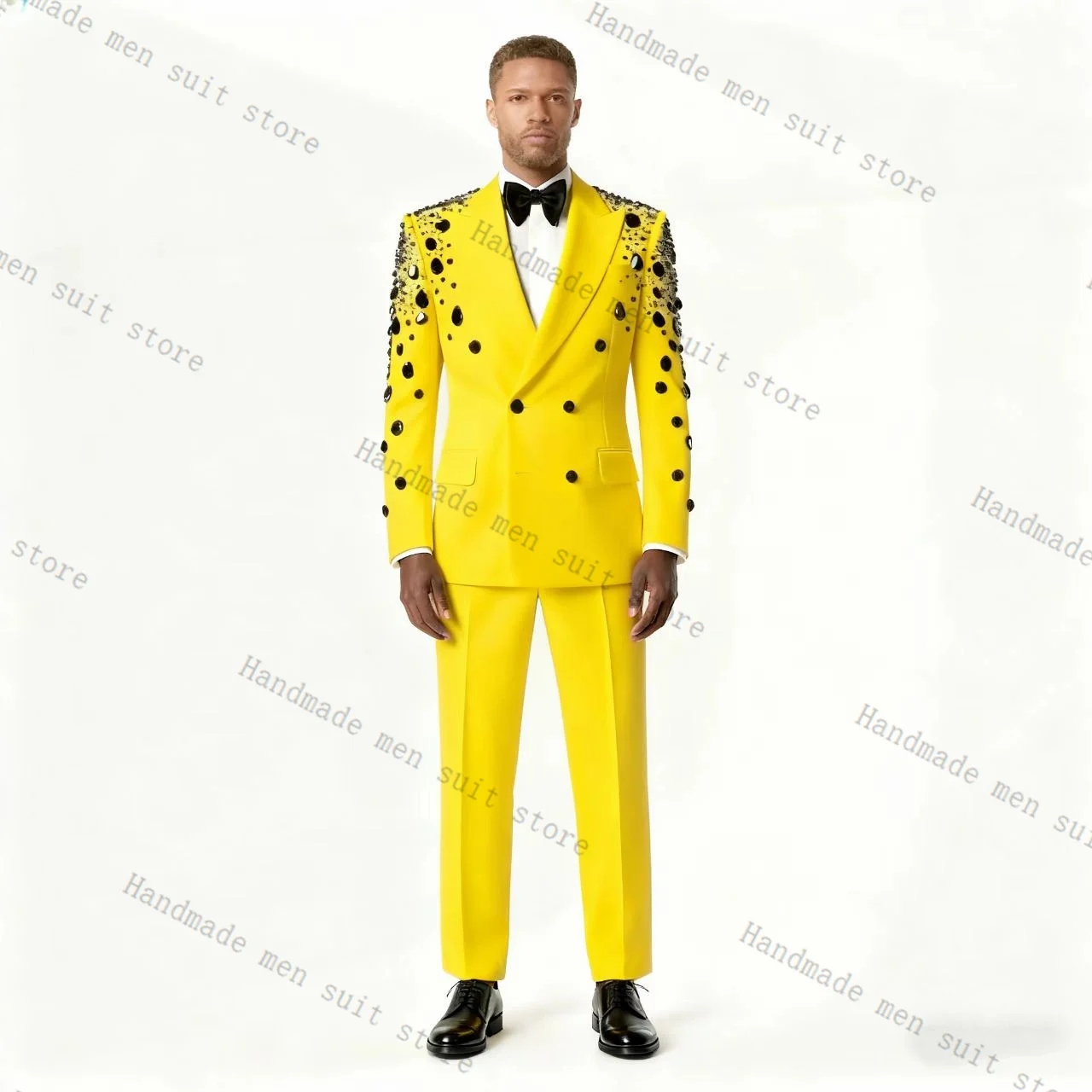 

Yellow Cotton Men Suit Set 2 Piece Crystals Blazer+Pants Prom Wedding Tuxedos Coat Customized Formal Office Fashion Jacket
