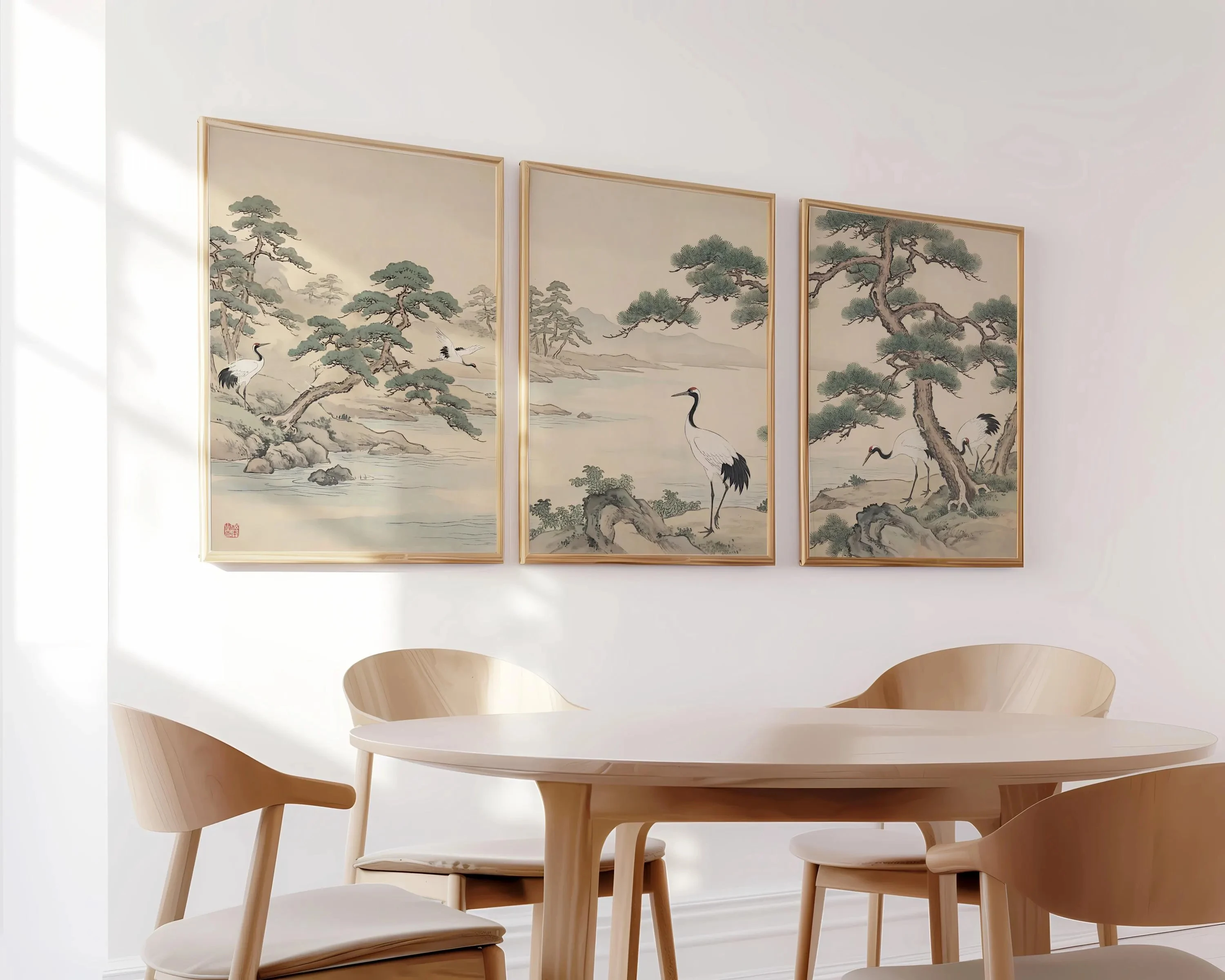 3PCS Large-sized frameless canvas paintings,Japanese Landscape Wall Art Set - Cranes and Pine Trees Prints - Japandi Wall Art -