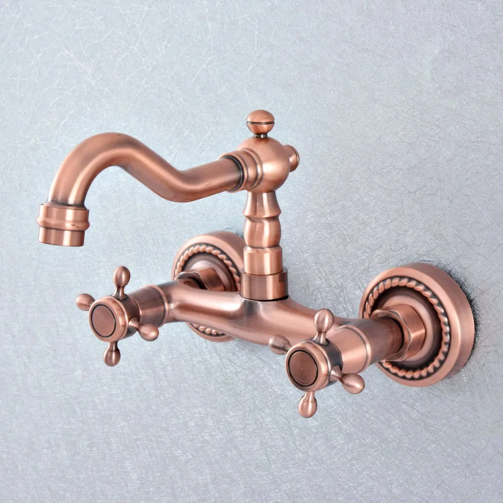 Antique Red Copper Brass Bathroom Kitchen Basin Sink Faucet Mixer Tap Swivel Spout Wall Mounted MSF858