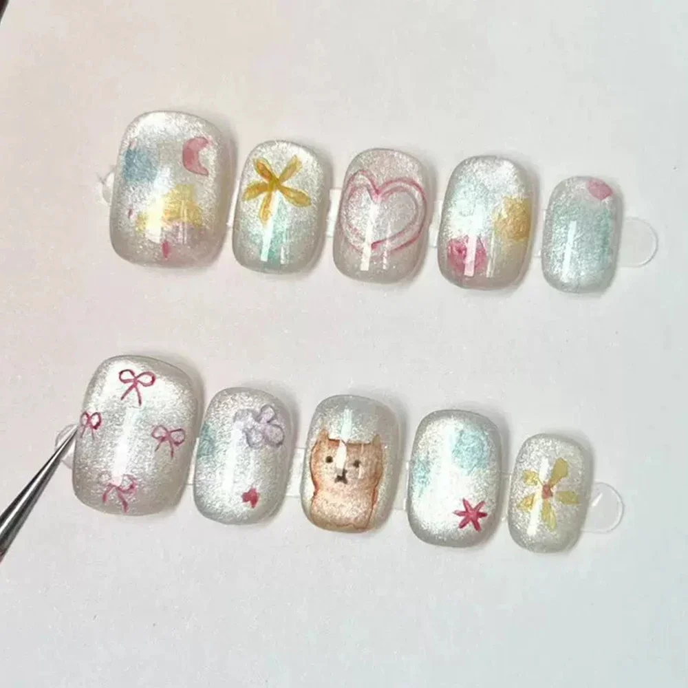 10Pcs Cute Handmade Short Square Round Press On Nail Cartoon Bear Cat Diamond Flowers Design Wearable Full Cover Fake Nails Tips view 4