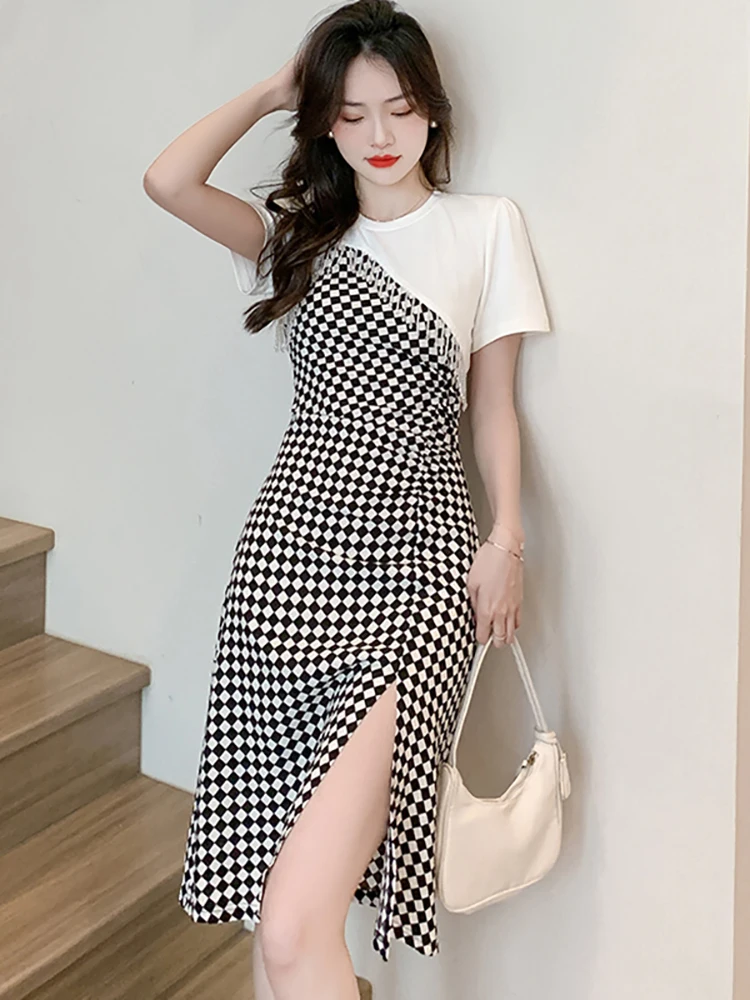 

Women Fashion Patchwork Black Plaid Midi Dress Summer Elegant Bodycon Home Dress 2023 Korean Vintage Luxuury Party Evening Dress