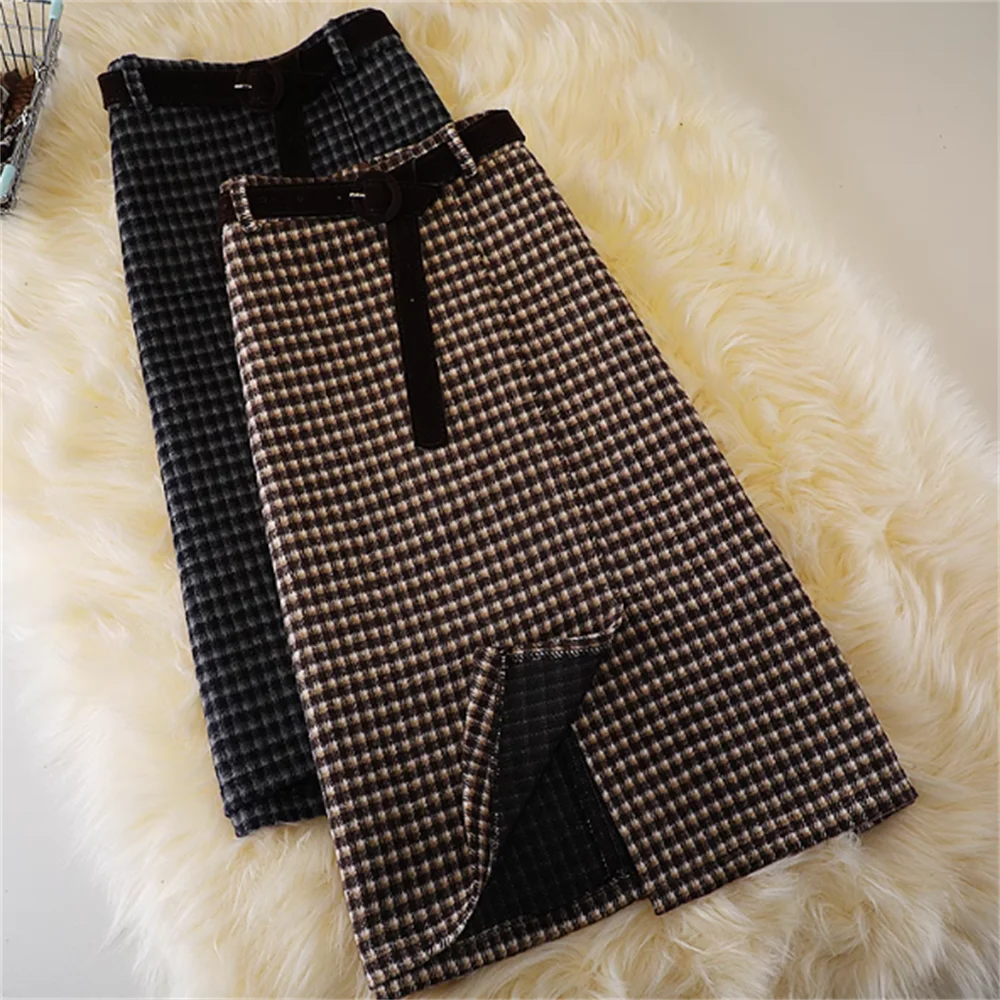 Autumn and winter new woolen skirt women's plaid high waist irregular tweed one-step skirt