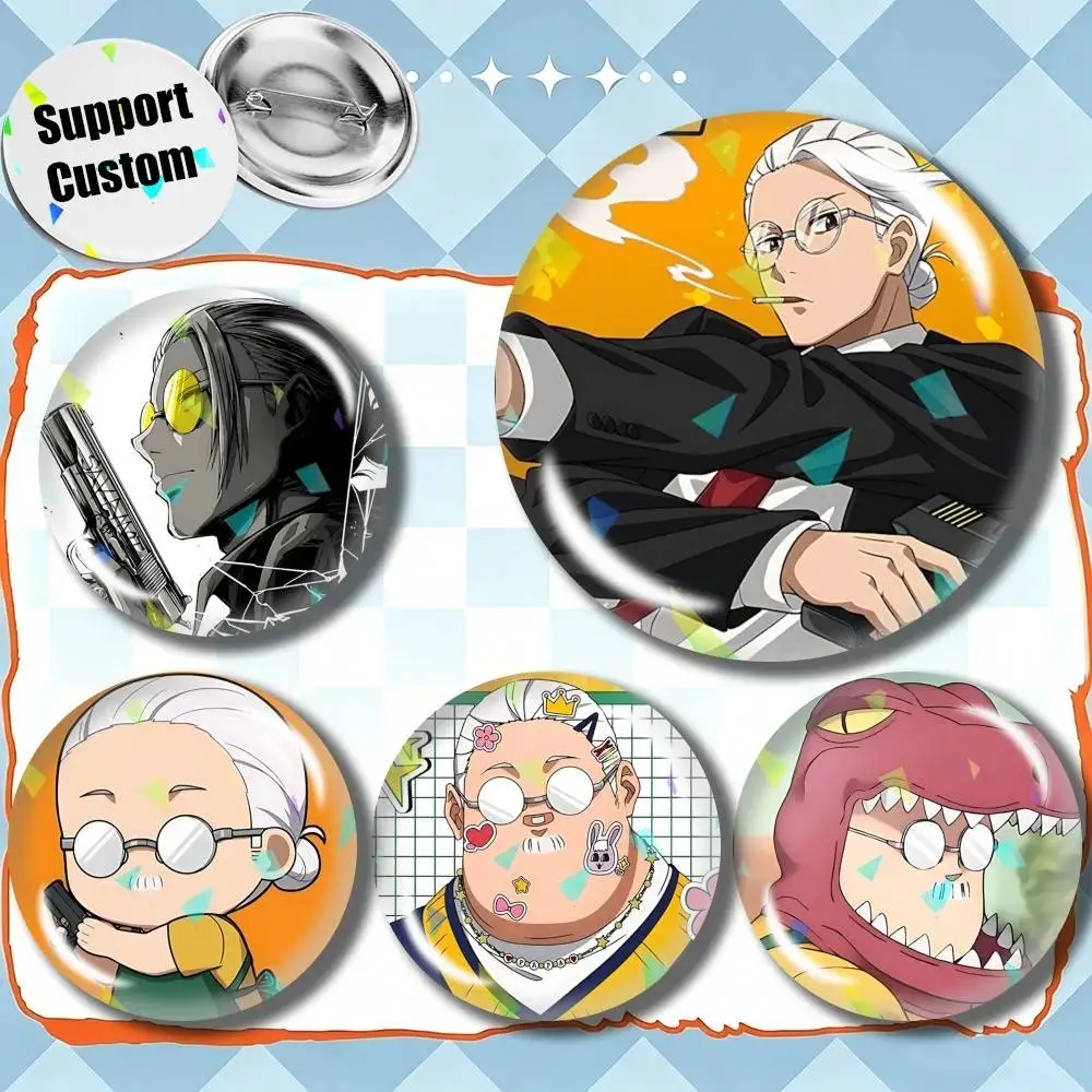 Chubby Dad S-Sakamoto Anime Customizable Round Brooch Pins, Personalized Badges With Broken Glass Design Fashion Accessory