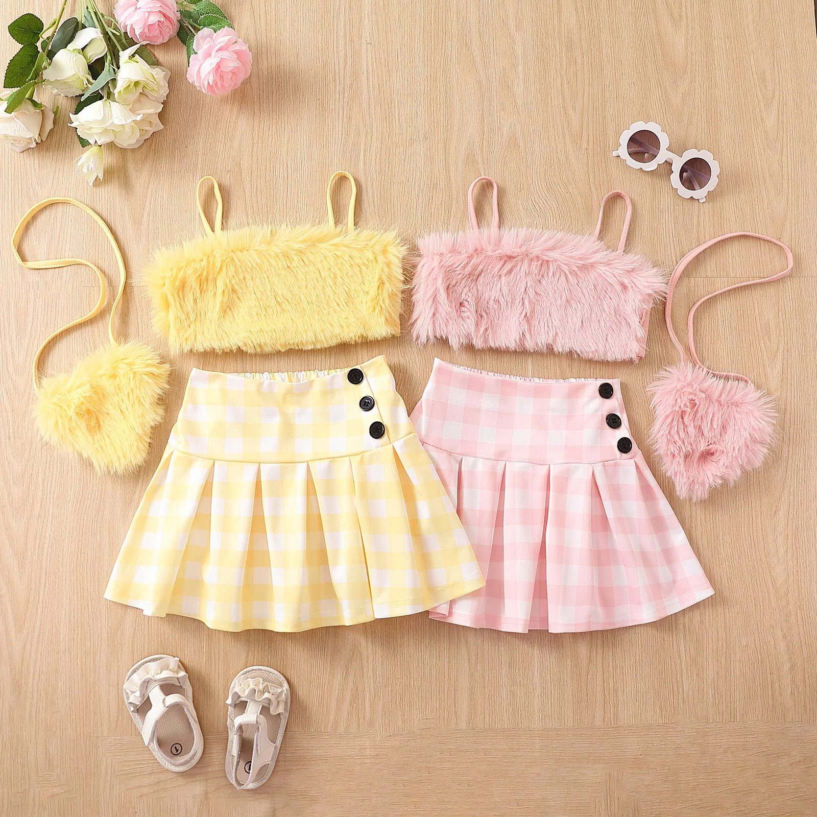 Summer sexy girls suit small and small child hair sling plus plaid skirt + bag fashion three-piece suit