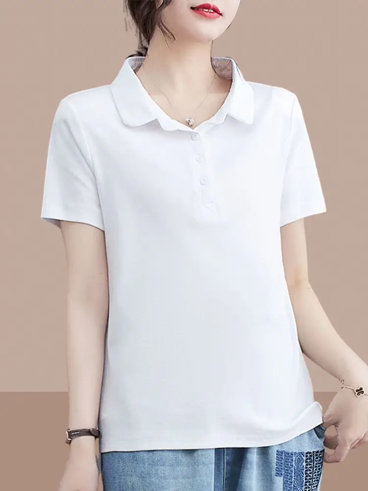 Popular 2025 Summer Short-sleeved T-shirt Women's Polo Shirt Lapel Top Women's Clothing  Polo Shirt Women Camisas De Mujer