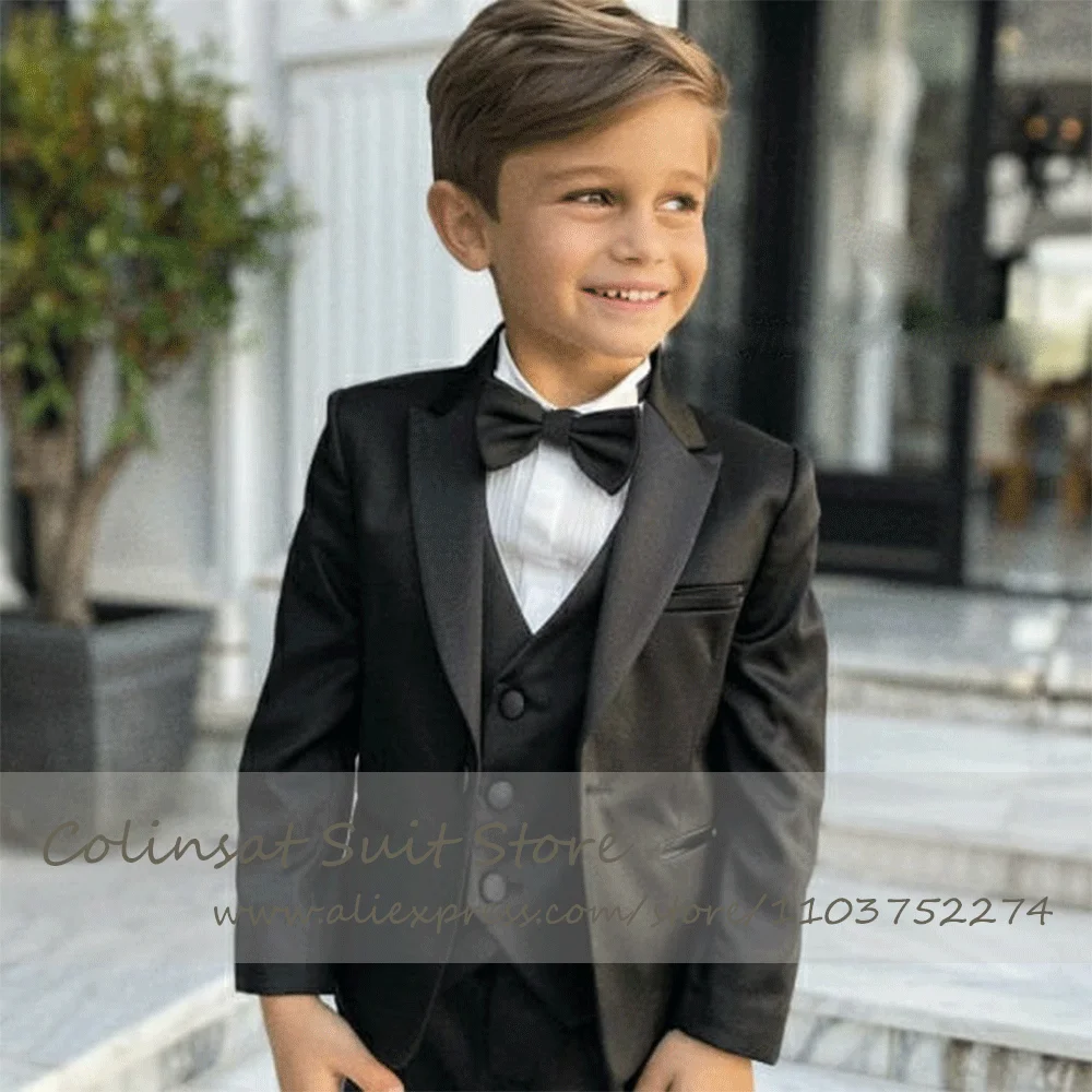 Satin Black Boy's Suit 3 Pcs Elegant Formal Tuxedo for Wedding Evening Party Peaked Lapel Jacket Vest Pants Set Boys Outfit