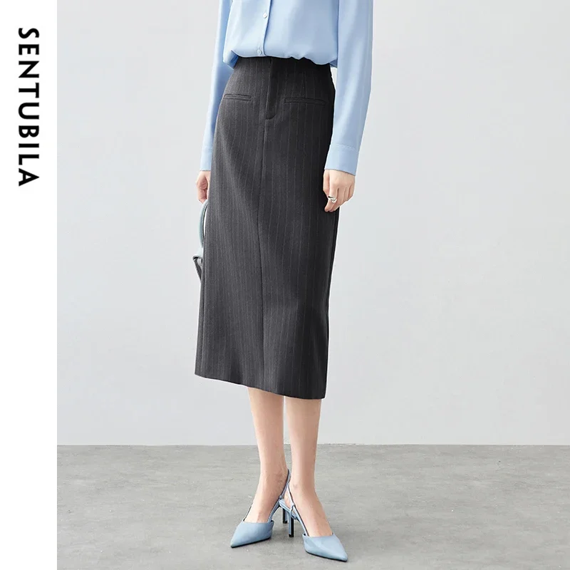 SENTUBILA Striped Suit Skirt Women 2024 Fall Winter Formal Straight High-waist Slit Work Business Female Long Skirts 143Q56822