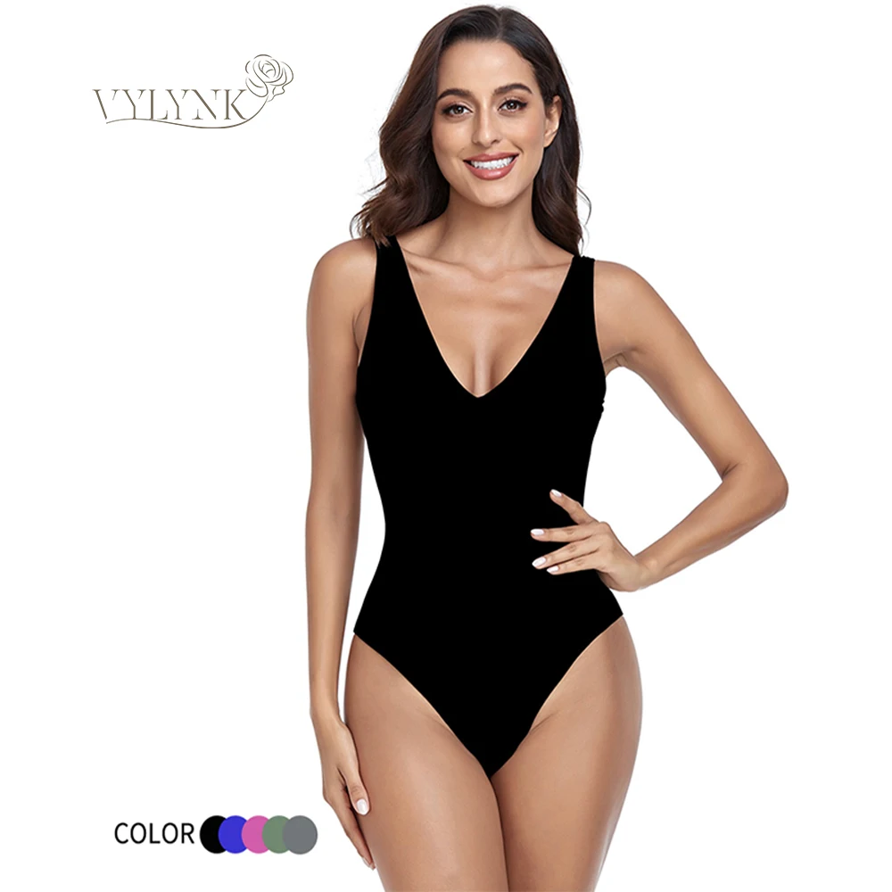 

VYLYNK One Piece Swimsuit Women 2024 Black Retro Sexy Swimwear V-Neck Beachwear Bathing Suits Female Swimming Wear Pool Bathers