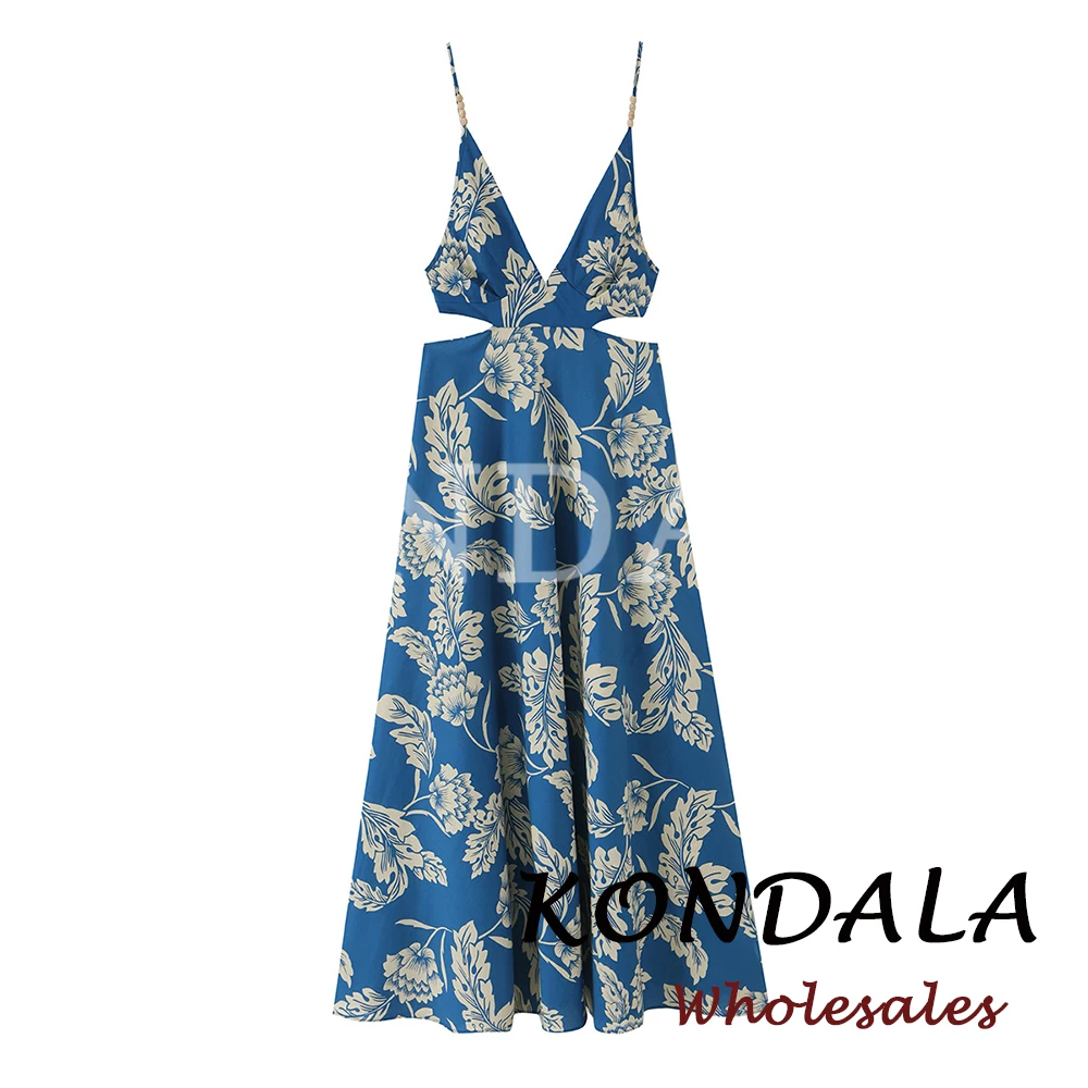 KONDALA Schickes Sommerkleid mit Blauem Druck, Modisches 2026 Sommer-Damenkleid, Rückenfreies Trägerkleid mit Blumenmuster, Y2K Elegantes Sexy Damenkleid