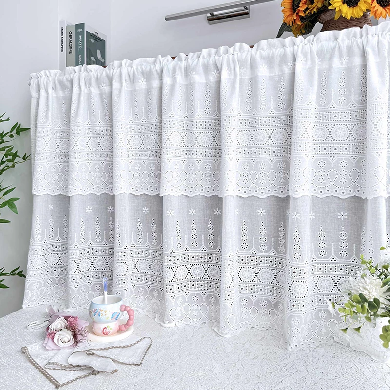 European Elegant White Geometric Hollowed Embroidery Short Curtain with Valance For Kitchen Farmhouse Terrace Small Window Decor