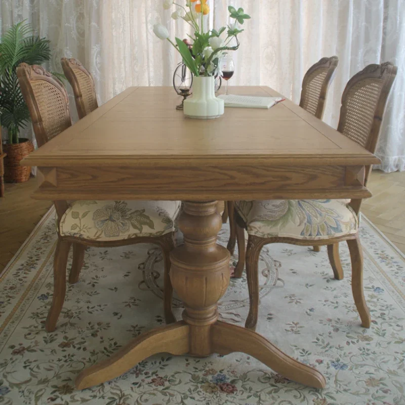 Country solid wood rectangular western dining retro dining room home 6-8 people eating large oak dining table chairs