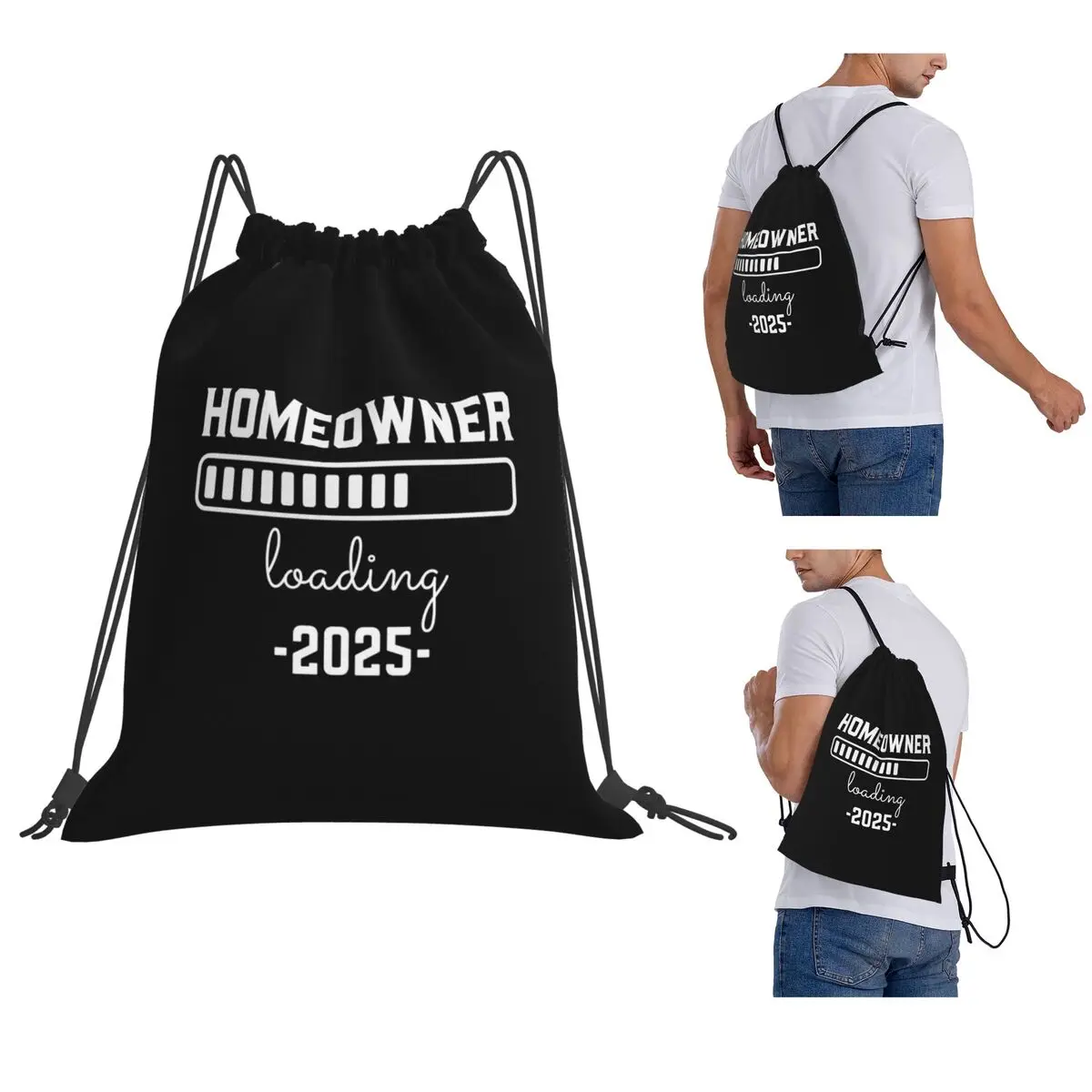 

Homeowner Loading 2025 - White Text Backpacks Multi-function Drawstring Bags Sports Bag Book Bags for Man Woman Students