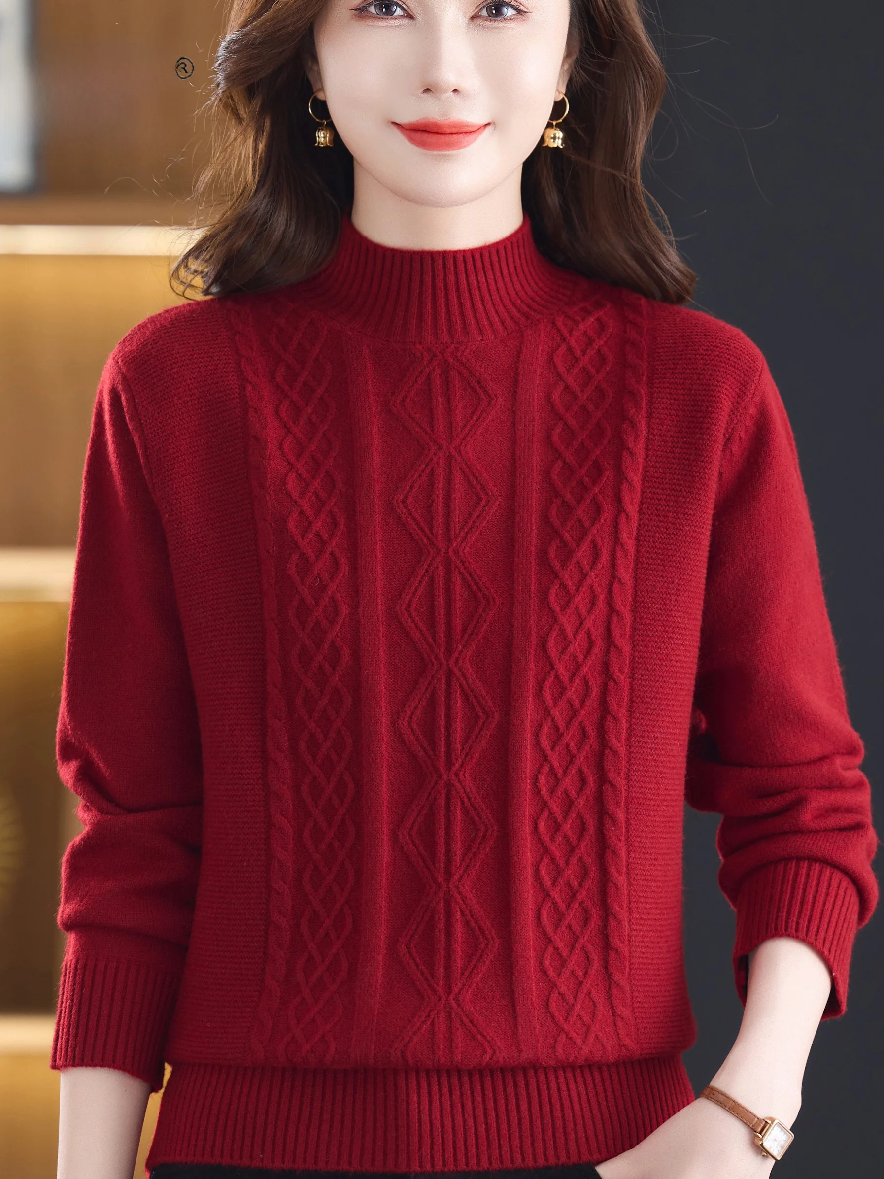 

Утепленный вязаный свитер с высоким воротником для женщин среднего и старшего возраста, модный теплый базовый джемпер для мам, осенний стиль