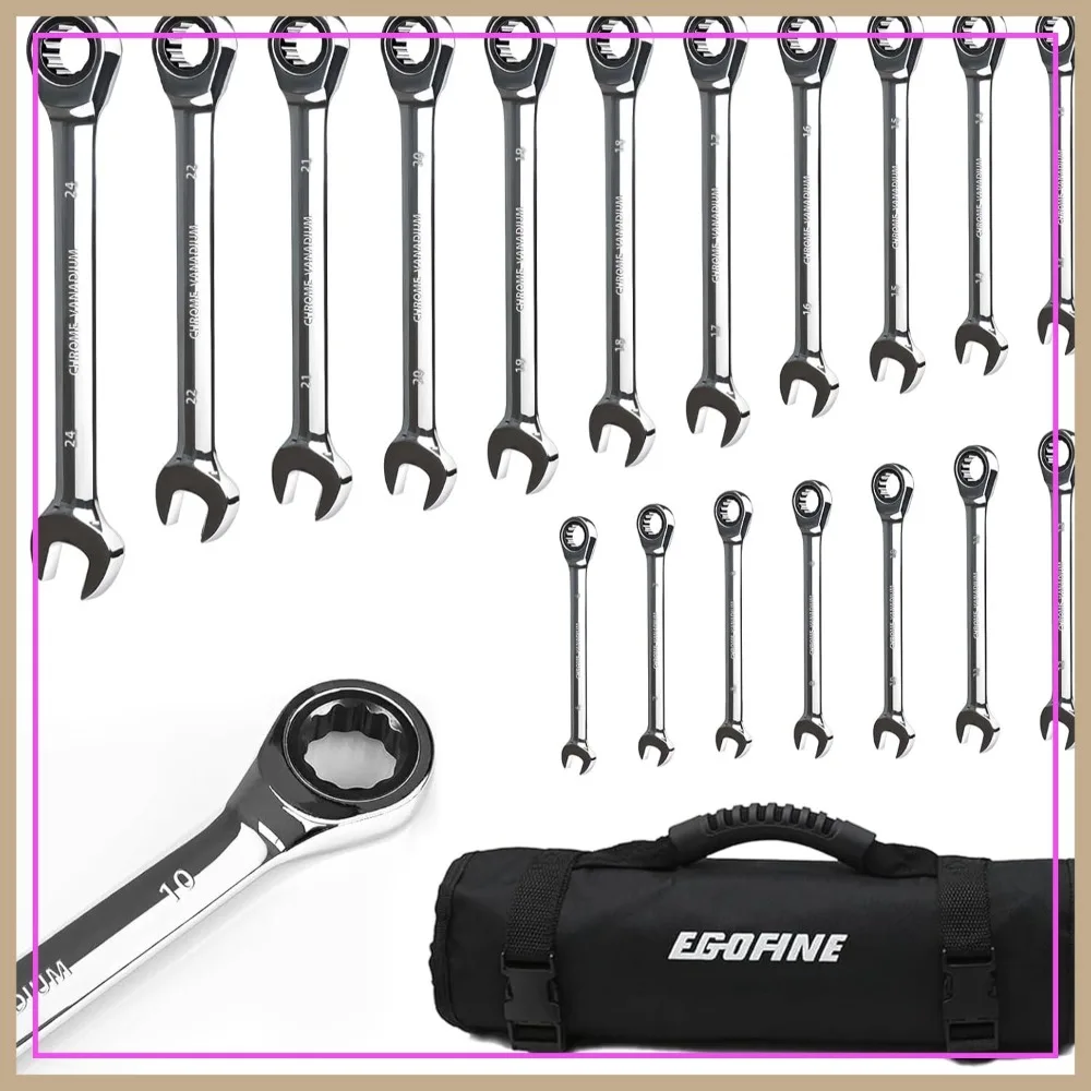 

18pc Ratcheting Wrench Set, 6-24mm Metric, 72 Teeth, Chrome Vanadium Steel, Roll Up Storage