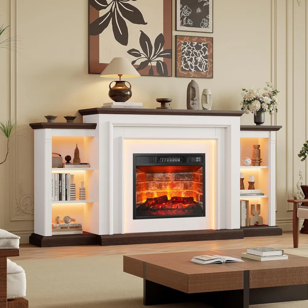 

72" LED Electric Fireplace with Mantel, Fireplace TV Stand for 80 Inch TV, Entertainment Center with 23'' Red Brick Fireplace, D