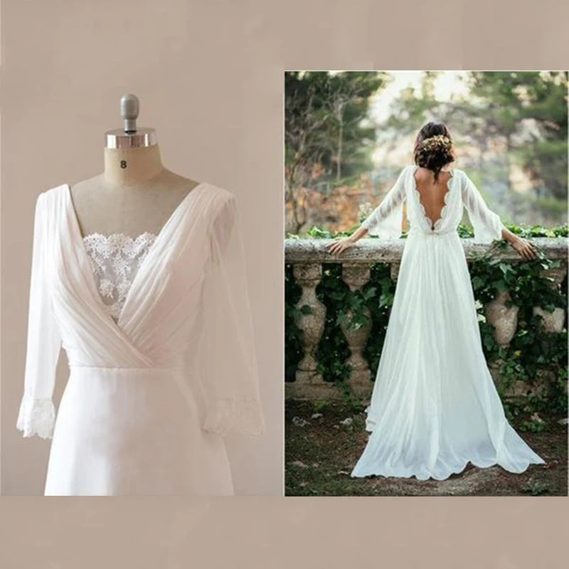 Charming White Chiffon Boho Wedding Dresses Beach Three Quarter Sleeves Lace Wedding Gowns Backless V Neckline Bridal Gowns 2023