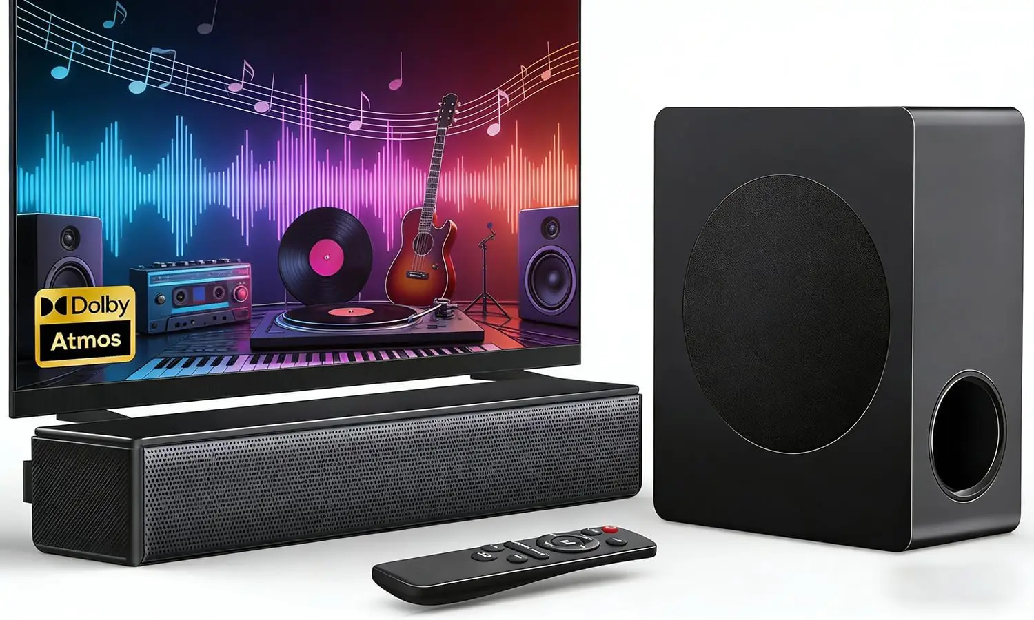 

Sound Bar with Subwoofer, 100W Bass Soundbar for Smart TV, Dolby Atmos 2.1CH Home Theater Bluetooth Speaker for TV/Projector/PC