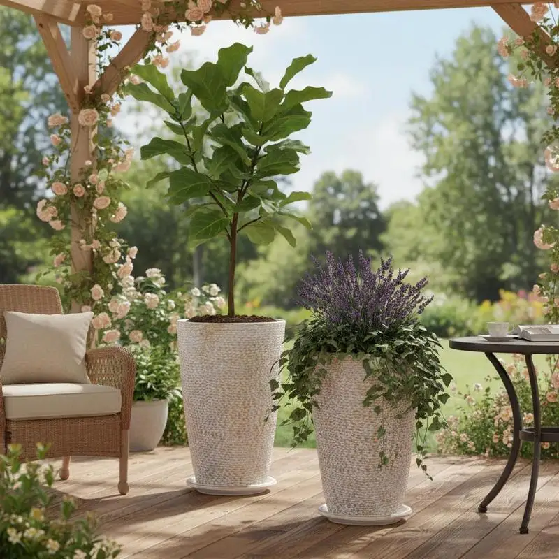 Pot de fleurs, lot de 2, grand pot conique 530 mm, pot de fleurs finition pierre, jardinière, design élégant, système de drainage efficace, pour véranda, patio, bureaux, extérieur, intérieur, beige