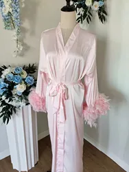 Pink Feather Trim Robes Satin Feather Bridal Party Pink Boudoir Bridesmaid Robe Trendy Kimono Silk Wedding Long Dressing Gown