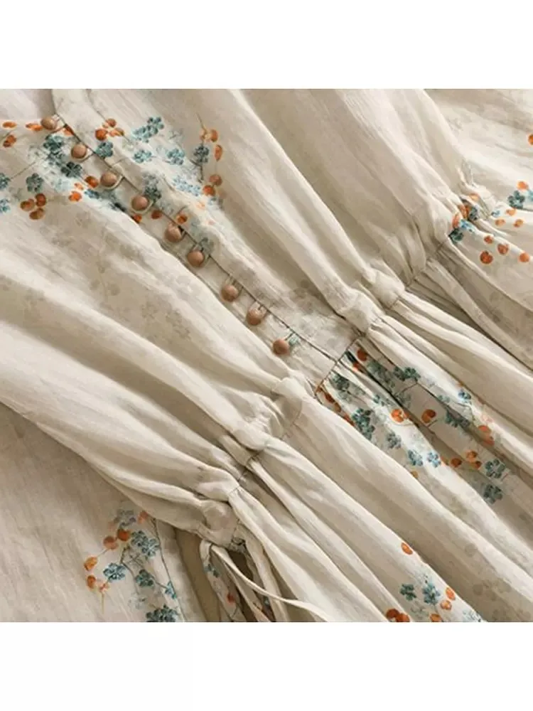 Letnia moda, sukienka z krótkim rękawem w stylu vintage z bawełny i lnu z kwiatowym nadrukiem dla kobiet, elegancka sukienka z dekoltem w serek, idealna na wakacje na plaży, odzież damska.