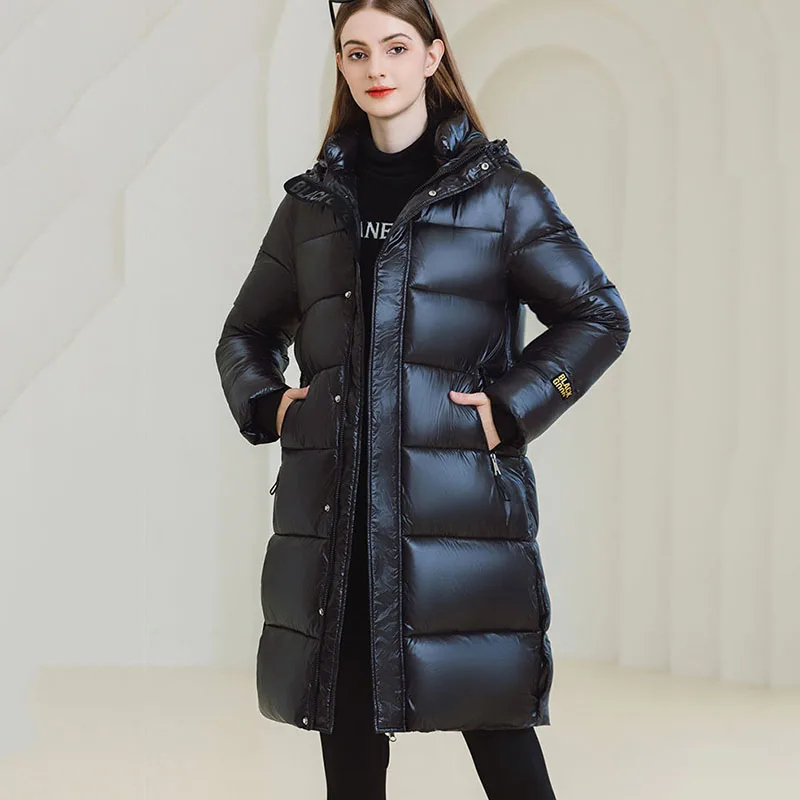 Chaqueta acolchada larga para mujer, abrigo grueso y cálido de algodón, Parka con capucha por encima de la rodilla, color negro y dorado, para invierno