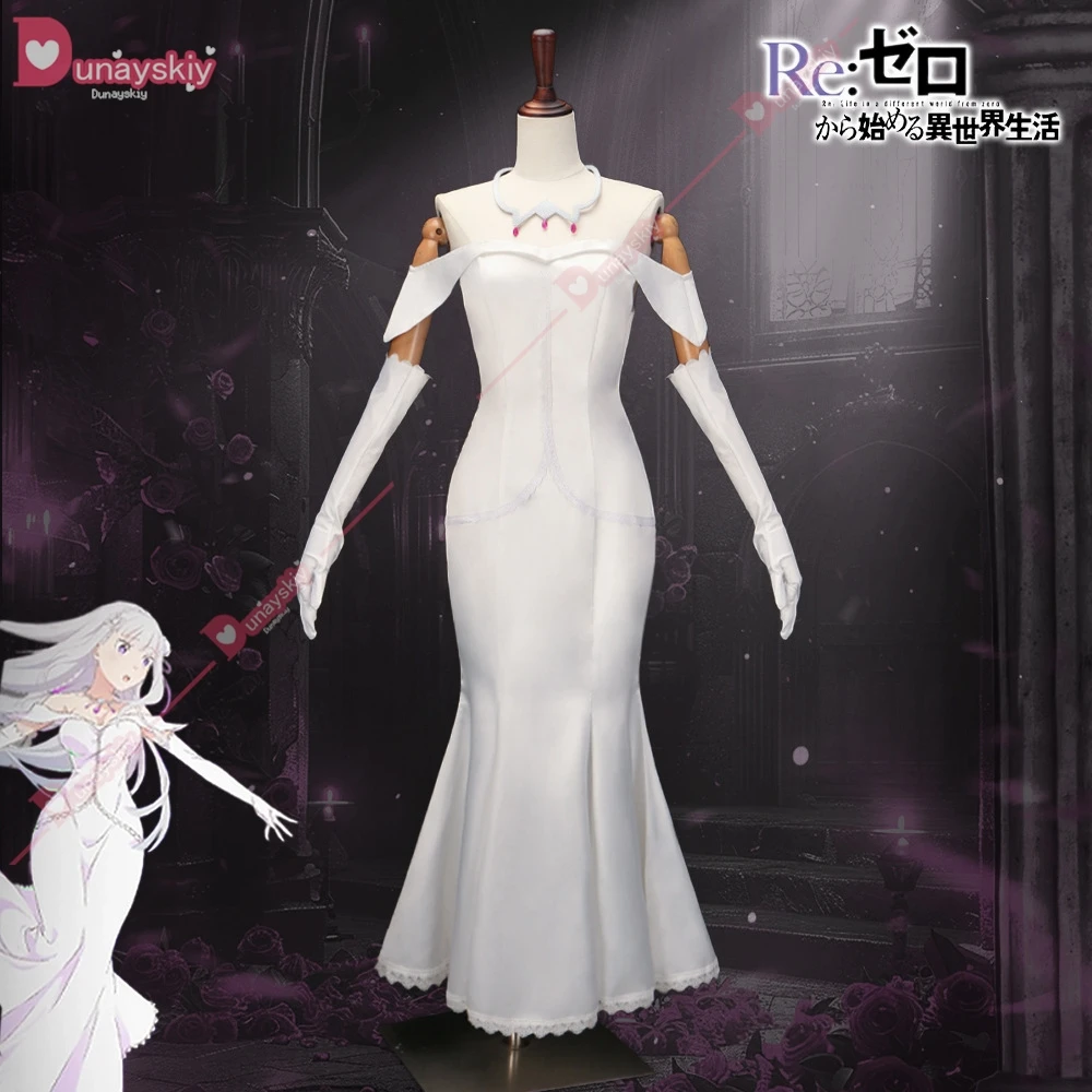 Emilia Costume Cosplay Anime Re Zero Travestimento Abiti Abito bianco Donna Gioco di ruolo Guanti Collana Set completo Abito femminile di Halloween