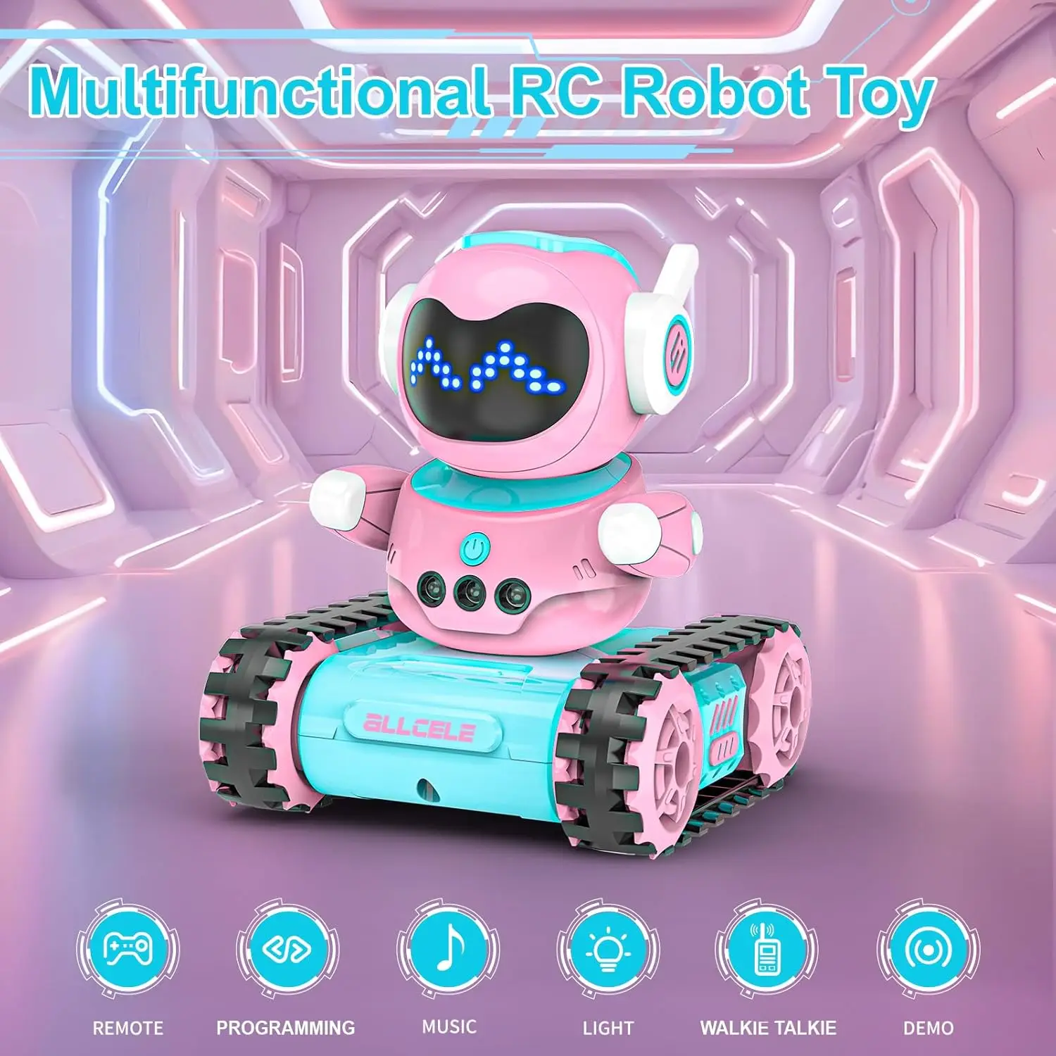 ALLCELE Kid Robot, LED RC Robot Toys, RC Robot with Walkie Talkie,  Music, Remote Control Robot Toy, Gift for Girls-Blue Pink