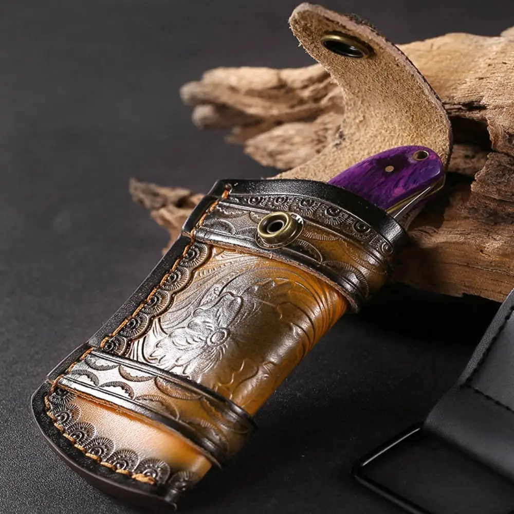Brown Fold Knife Outdoor Carry Bag Leather Sheath Scabbard Tool Two Layer Cowhide Case Holder Camping Equipment Tool