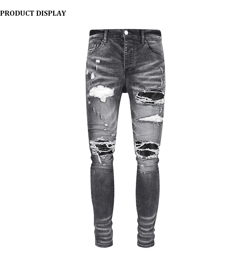 

Designer street fashion men's black gray jeans retro elastic slim fit ripple splicing trendy brand tapered pants men's Y2K