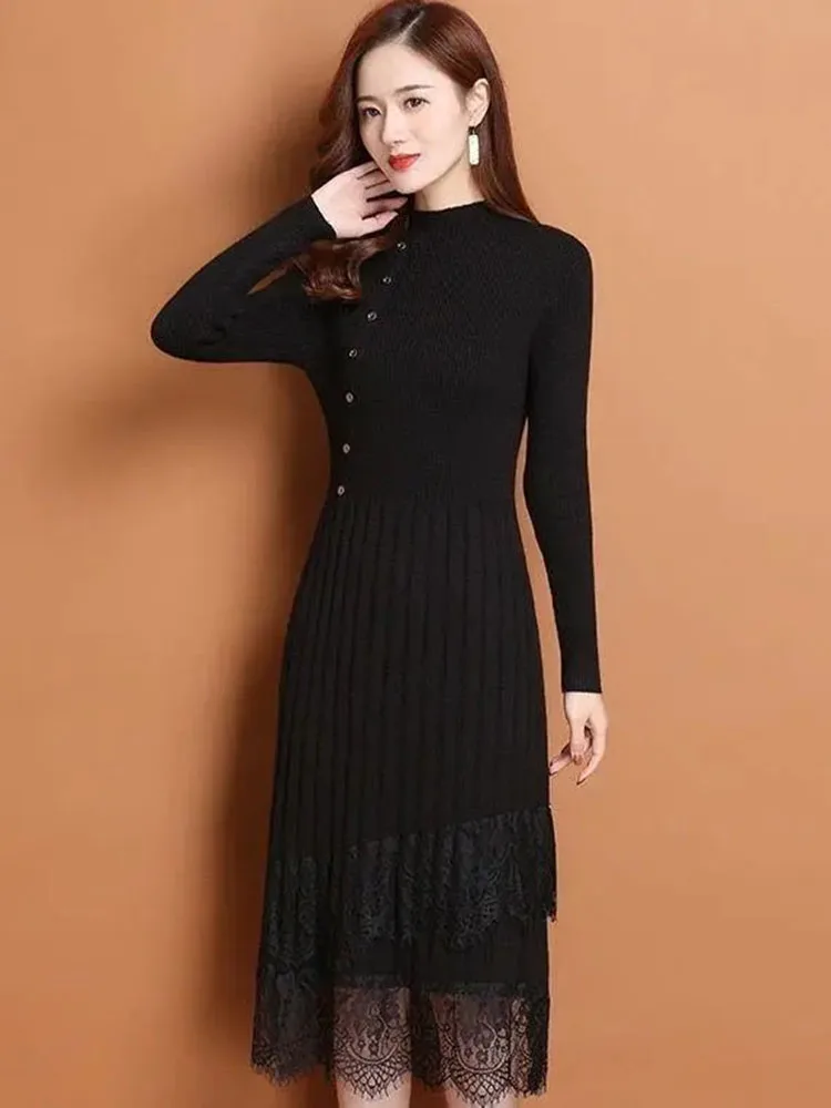 slim lace knit wears dress mid length vintage knit vestidos woman elegant knitted dresses button soft sweater long sleeve top