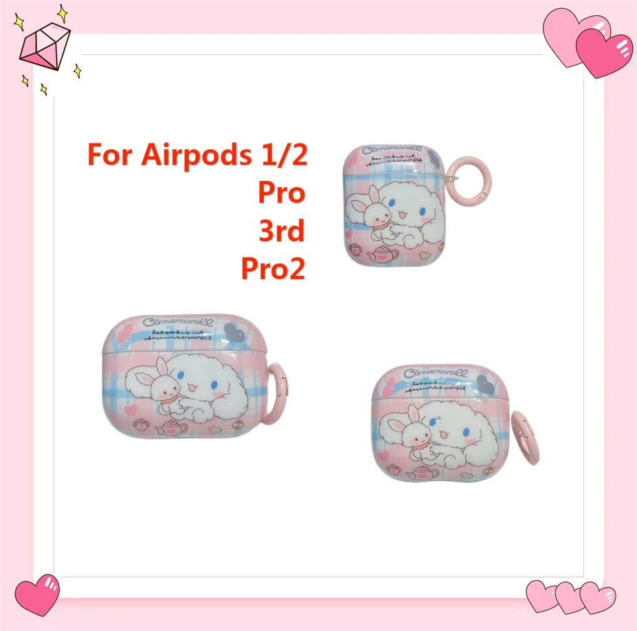 

Lovely Sanrio Cinnamoroll Pattern Earphone Case For Airpods 1/2 3 Pro 2 Wireless Box White Earphone Cover Soft Glossy With Hook