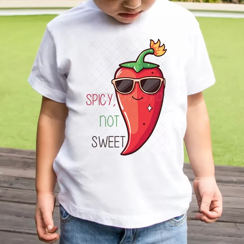 Funny Chili T-shirts for Children Chili Spicy Not Sweet Graphic Design Kids T-shirt Cartoon Clothes Child Girl Boy Casual Tops