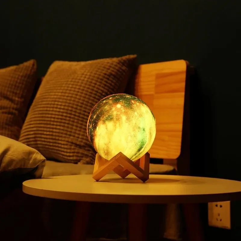 3D Printing Lunar Night Light Creative Gift Light Painting Moonlight Globe Ball with Wood Stand Base for Kids Bedroom Home Decor