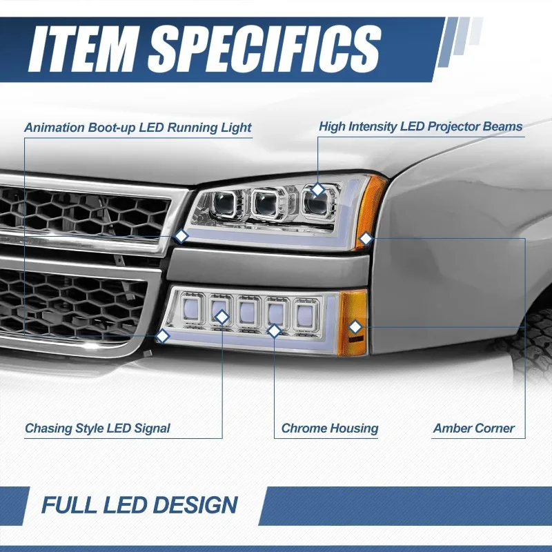 home.Full LED DRL Headlights Assembly Compatible , 6000K Projector Beam, Sequential Chasing Signal, Chrome Housing Amber Corner