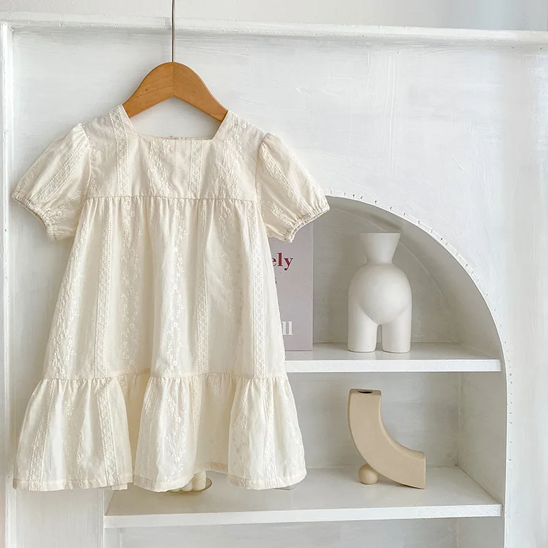 Fashion Birthday Gift Princess Dress Girls Casual Dress Embroidered Floral Dress Little Girls Kids Cotton Puffy Sleeve Clothes