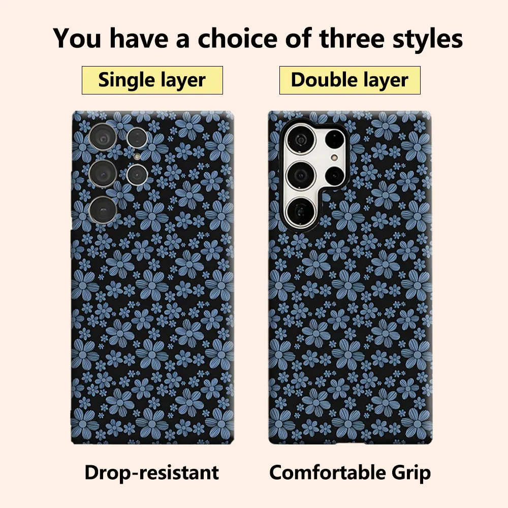 Black Blue Daisy Print Luxury Fashion Full Lens Protective Case for Samsung Galaxy S26 S25 S24 A56 A36 Plus Ultra