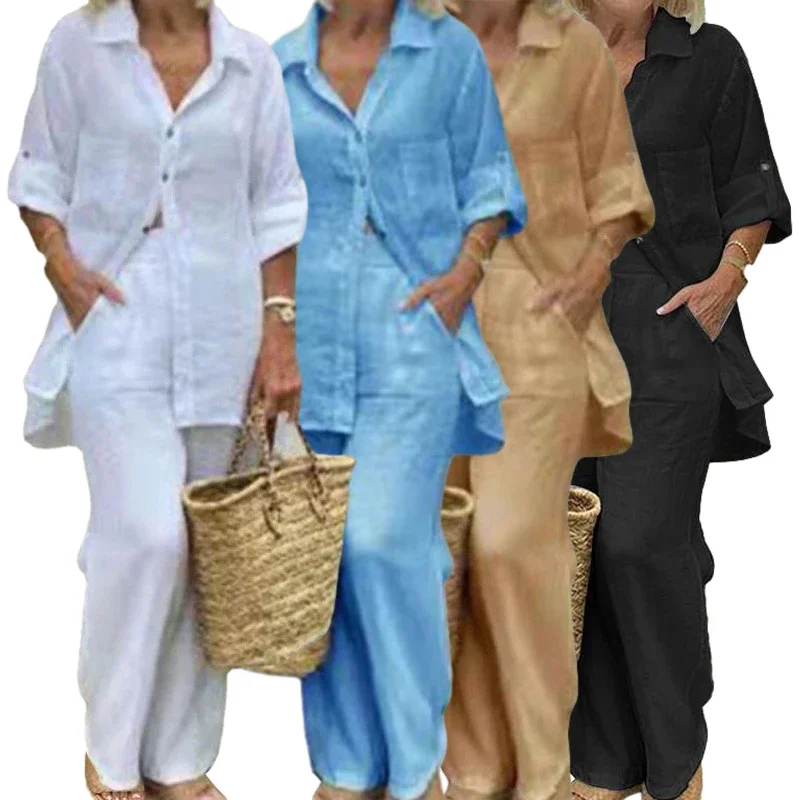 

Костюм спортивный женский из 2 предметов, рубашка и свободные штаны в стиле оверсайз, из хлопка и льна